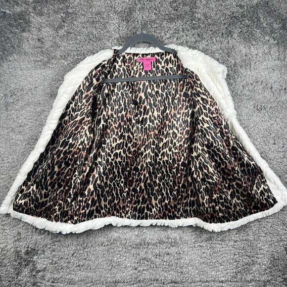Betsy Johnson White Faux Fur Jacket Coat Size Large Animal Print Lining *READ* - Picture 4 of 10